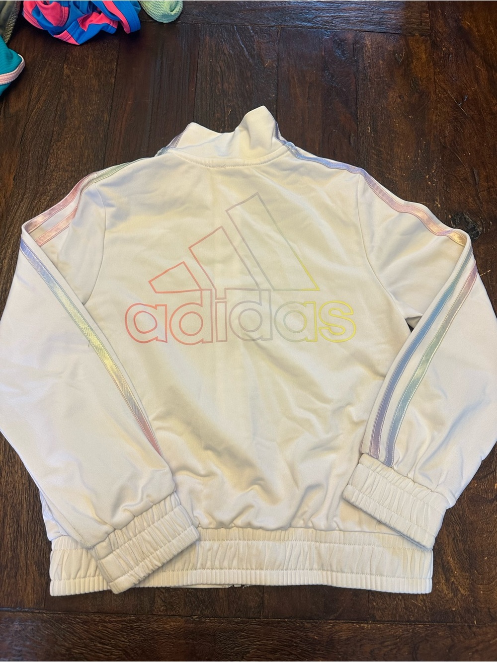adidas White Jacket with Pastel Rainbow Logo and Stripes